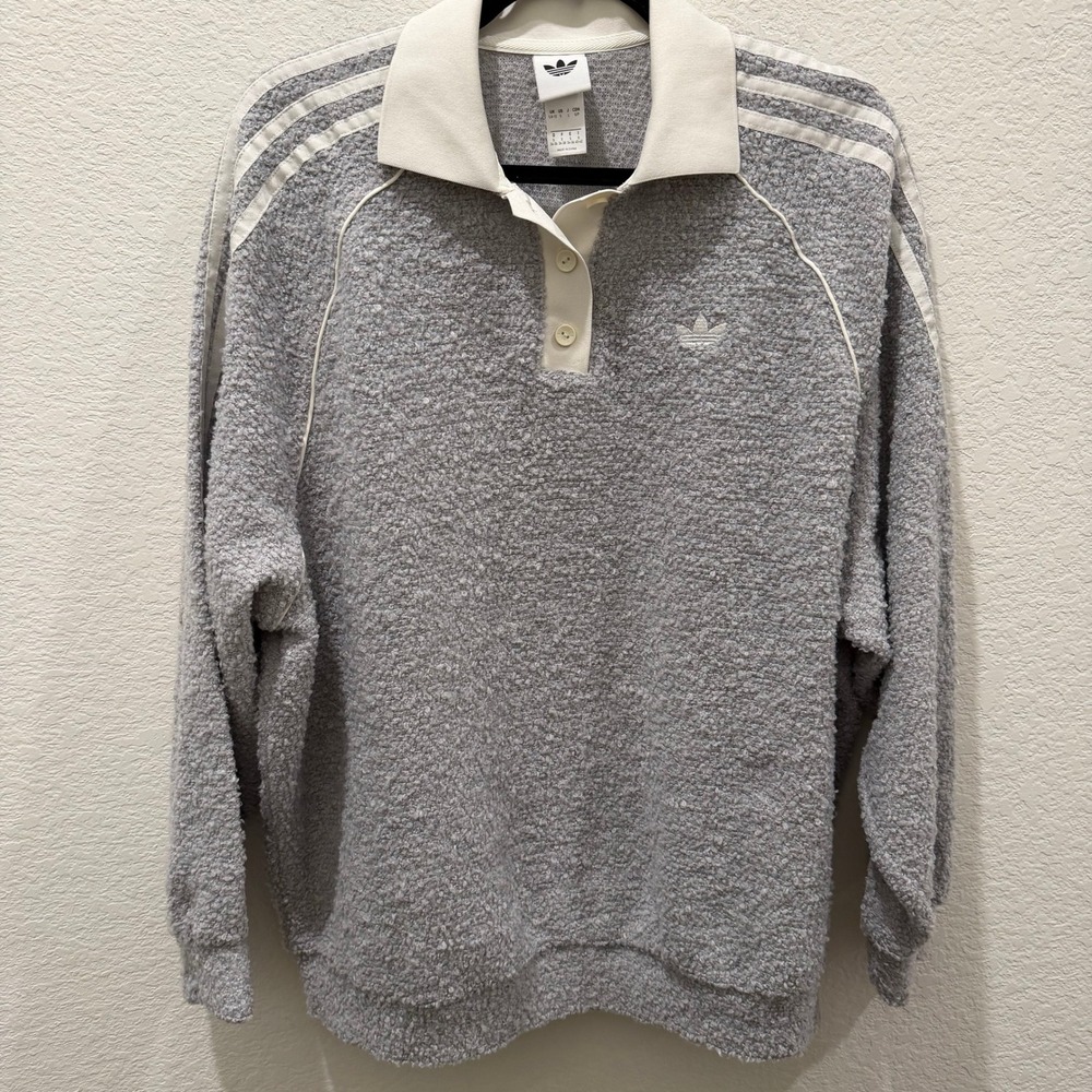 Adidas Originals Womens Grey Boucle Fleece Polo Sweatshirt Three Stripe Small